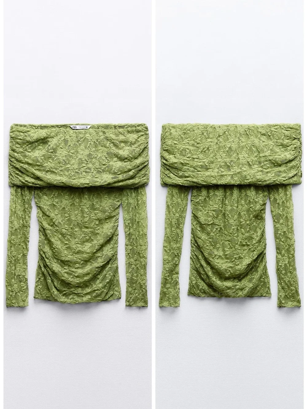 Zara Lace Top With Open Shoulders Translucent Square Neckline Pistachio Green